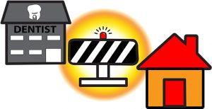 Road Block to Dental Care Graphic - A road block is between a house and a dentist's office, illustrating the various determinants of oral health inequality