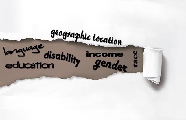 Factors such as disability, gender, income, race, geographic location, language and education all affect oral health care. This ripped piece of paper with these factors serves as an illustration for this public health concern.