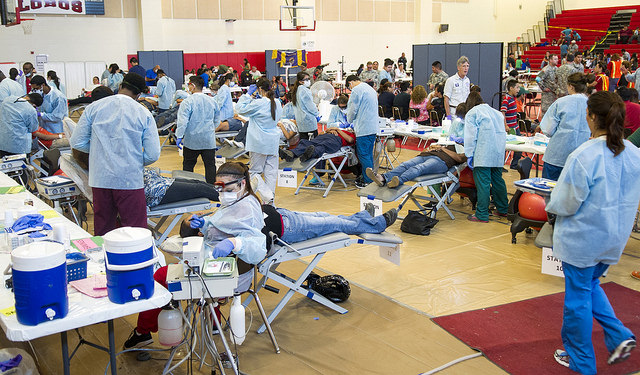 The Palmview High School gym is converted into one of five command centers where free medical and dental care is provided as part of the full-scale emergency response exercise.