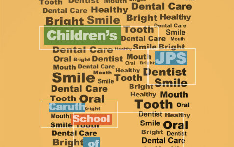 Graphic shaped like a tooth constructed with words associated with the dental hygiene profession