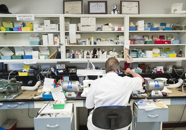 Steve Ruff at his workspace in the college's Center for Maxillofacial Prosthodontics.