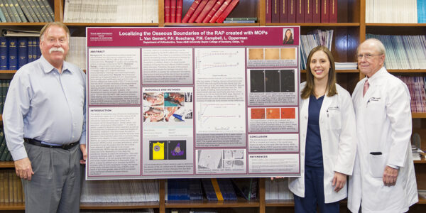 Left to right: Dr. Peter Buschang, Dr. Lauren Van Gemert and Dr. Phillip Campbell with Van Gemert's research poster