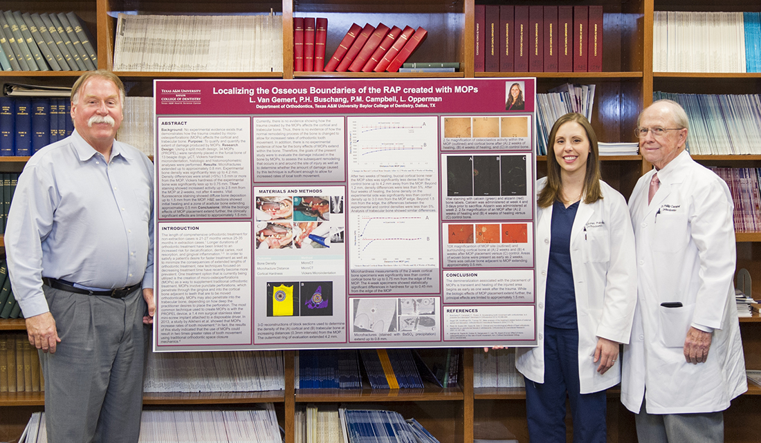 Left to right: Dr. Peter Buschang, Dr. Lauren Van Gemert and Dr. Phillip Campbell with Van Gemert's research poster