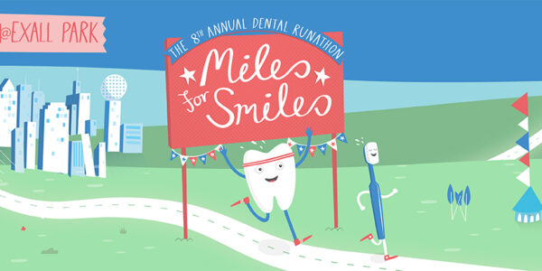 Miles for Smiles Runathon illustration depicting a tooth and toothbrush crossing a finish line.
