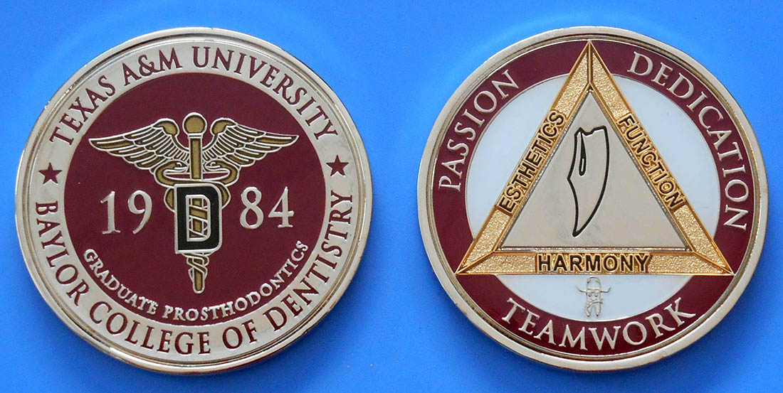 The coin is customized to highlight the Graduate Prosthodontic program with Texas A&M colors. The reverse of the coin features a gold delta representing dentistry with the words “function,” “esthetics” and “harmony” on the three sides — the essence of prosthodontics. The delta surrounds a diagram of Posselt’s envelope of motion and function. The words “passion,” “dedication” and “teamwork” line the outer edge of the coin. Below the delta, the program’s “cowboy tooth” mascot is showcased. 