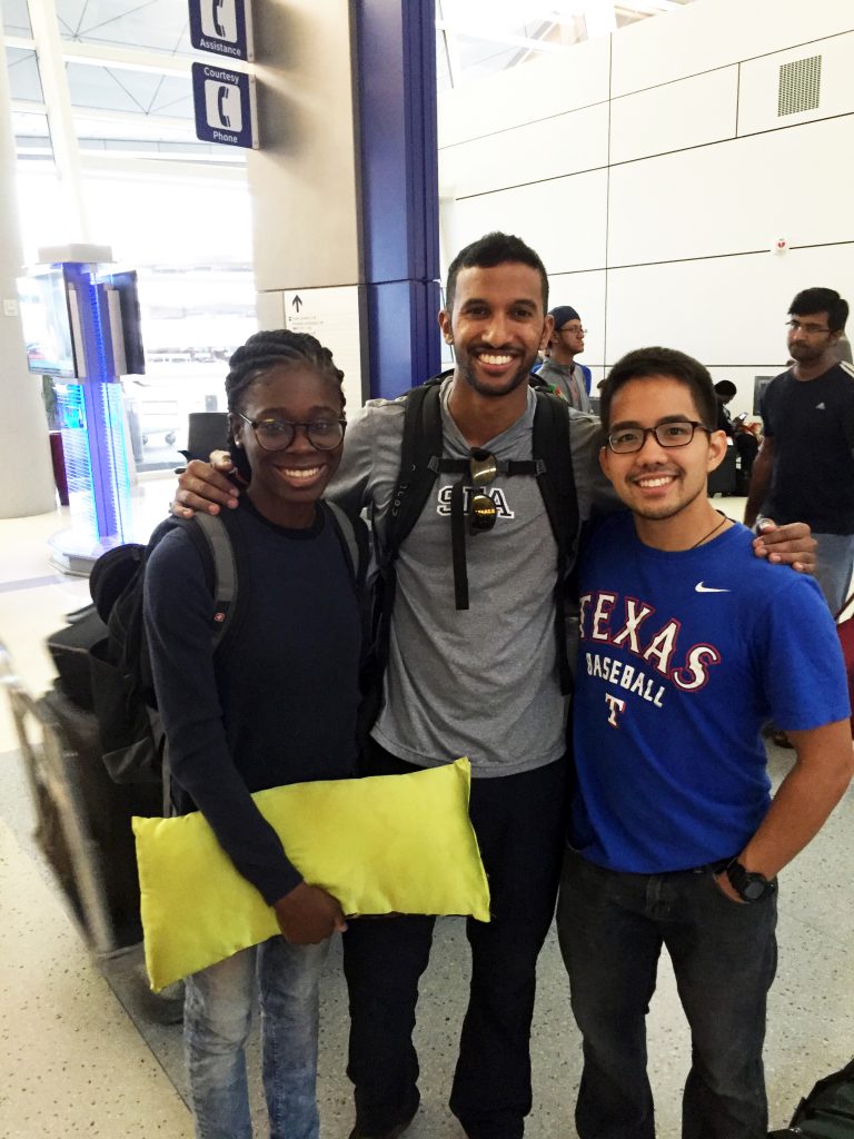 Students' spirits were high at the outset of their travel to Ndola, Zambia, which included more than 30 hours of flight time. Despite storm delays that kept them grounded at DFW Airport for several hours, D4s Abi Adeyeye, Keith Mahipala and Paul Pham pause to smile for the camera. Not pictured: D4 Theresa Halle.