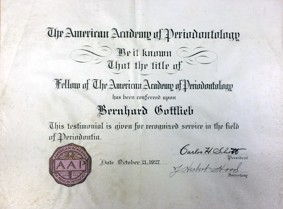 Gottlieb's American Academy of Periodontology fellowship certificate 