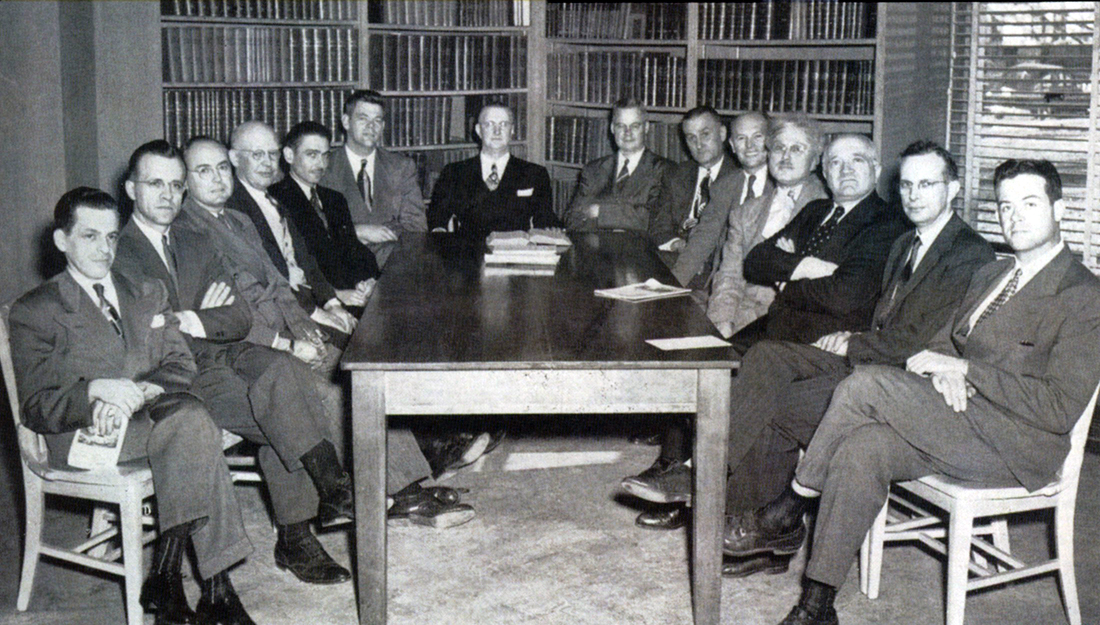 Gottlieb, third from right, with fellow department chairs at the dental college in 1948.