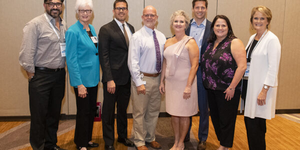 Alumni Association board members, left to right: Dr. Anthony Mendez '04; Lana Crawford, '68, '72; Dr. Eduardo Lorenzana '96; Dr. Joe Simmons III '98, '99; Dr. Danette McNew '88; Dr. Chad Capps '08; Laurie Inglis '02; and Dr. Julie Stelly '87